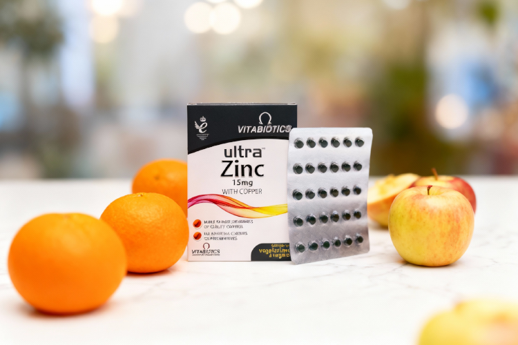 قرص اولترا زینک ویتابیوتیکس روی سطح مرمر سفید با میوه های تازه